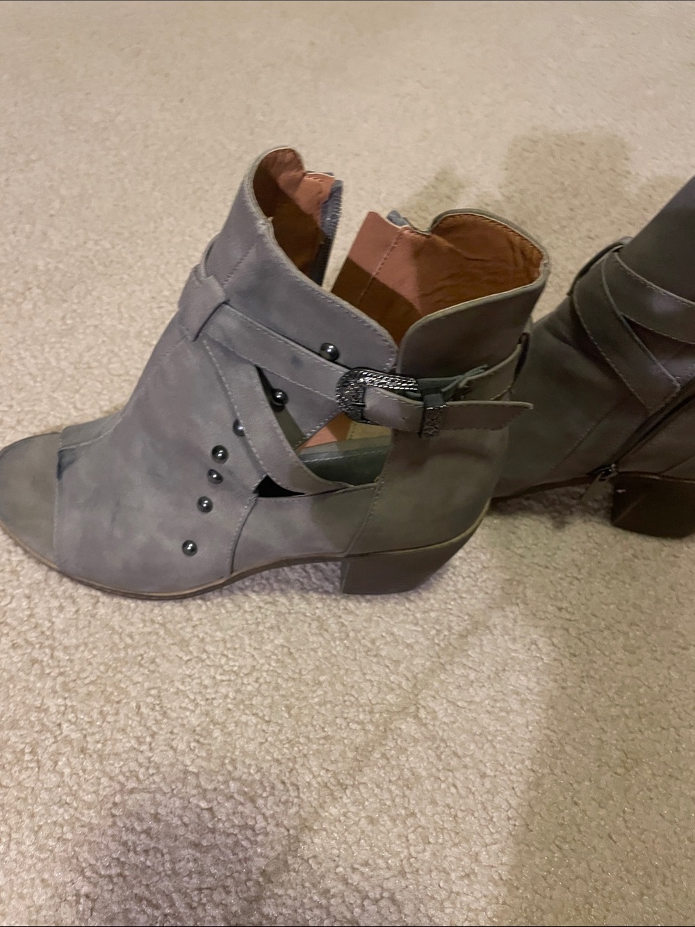 Cutout Gray Suede Ankle Booties with Decorative Buckle